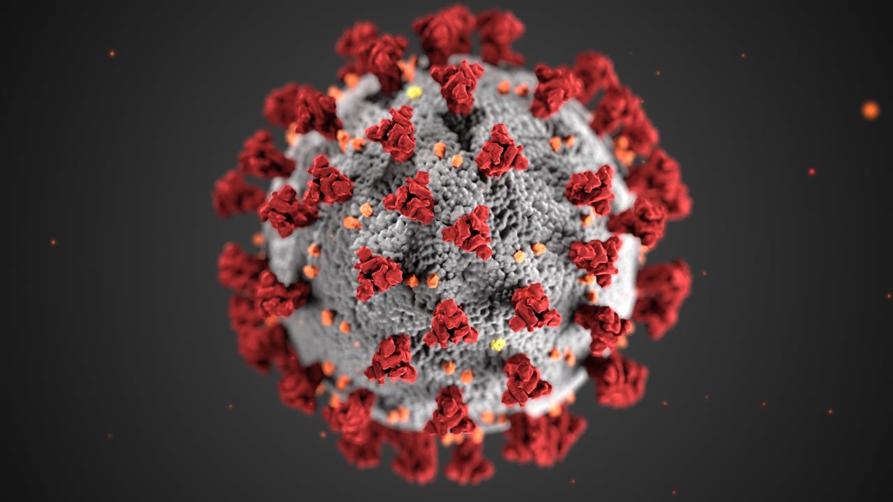 why-choose-us Detailed illustration of coronavirus structure with red spike proteins.