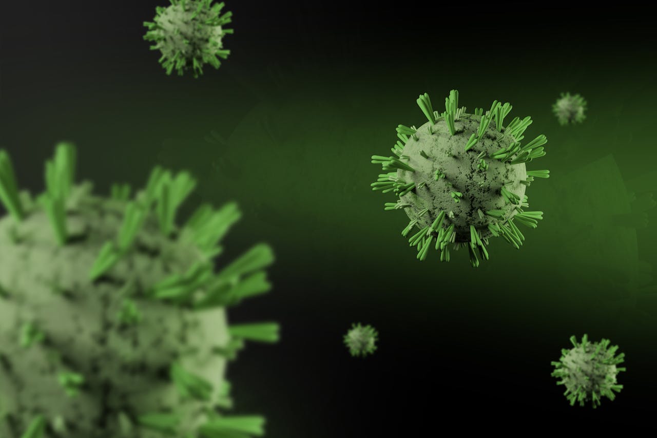 hero-img-02 Close-up 3D render of virus particles floating on a dark green background, showcasing detailed virus structure.