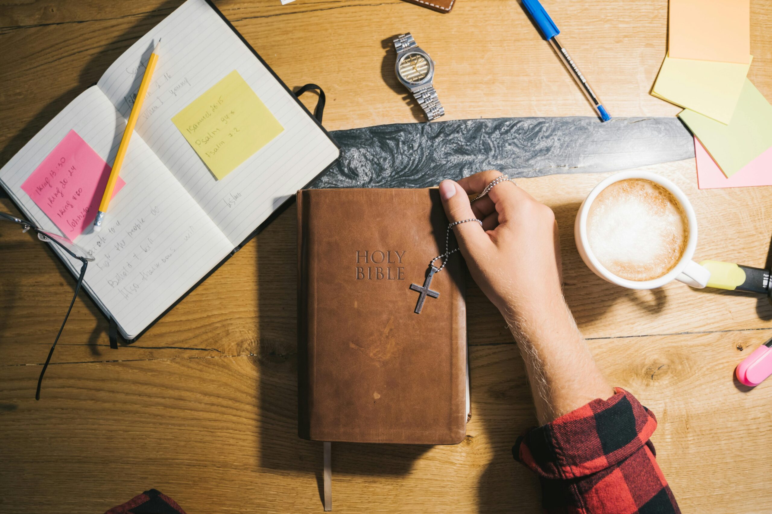 This Changes Everything, What the Bible Really Says About Love, Sacrifice, and How We Should Live Top view of Bible study setup with coffee, notes, and wooden table.
